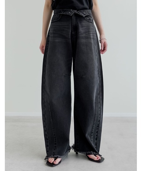 ジーンズ デニム デニムパンツ 「低身長/高身長サイズ有」2WAYウエスト折り返しコットンデニムカーブパンツ レディースの画像