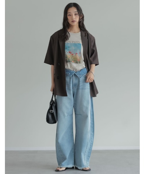 ジーンズ デニム デニムパンツ 「低身長/高身長サイズ有」2WAYウエスト折り返しコットンデニムカーブパンツ レディースの画像