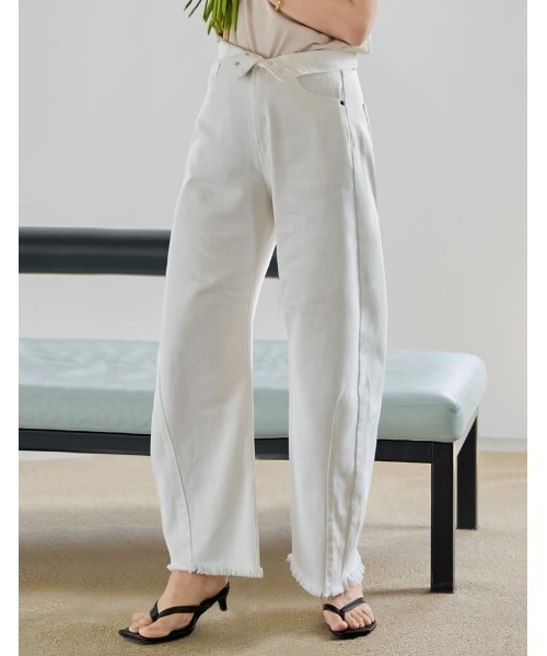 ジーンズ デニム デニムパンツ 「低身長/高身長サイズ有」2WAYウエスト折り返しコットンデニムカーブパンツ レディースの画像