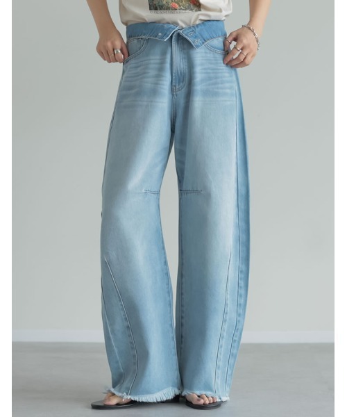 ジーンズ デニム デニムパンツ 「低身長/高身長サイズ有」2WAYウエスト折り返しコットンデニムカーブパンツ レディースの画像