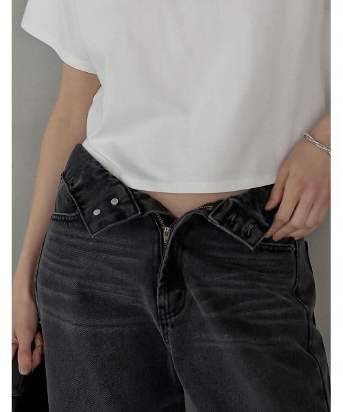 ジーンズ デニム デニムパンツ 「低身長/高身長サイズ有」2WAYウエスト折り返しコットンデニムカーブパンツ レディースの画像