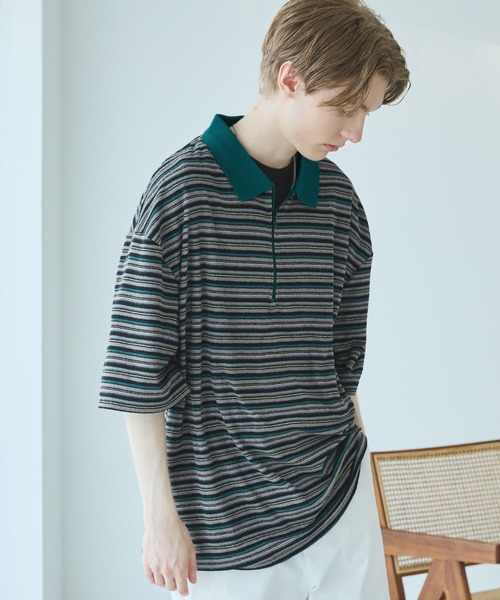 CLSSE ポロシャツ マイクロボーダーハーフジップ配色ポロシャツ メンズ