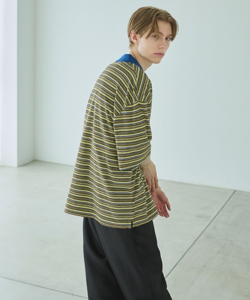 CLSSE ポロシャツ マイクロボーダーハーフジップ配色ポロシャツ メンズ