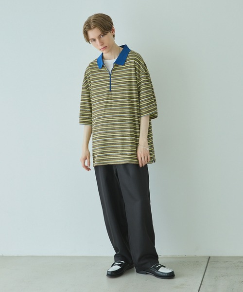 CLSSE ポロシャツ マイクロボーダーハーフジップ配色ポロシャツ メンズ