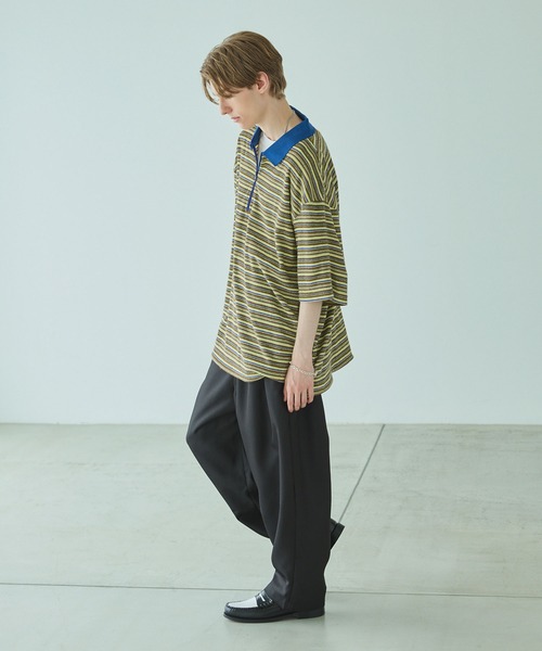 CLSSE ポロシャツ マイクロボーダーハーフジップ配色ポロシャツ メンズ