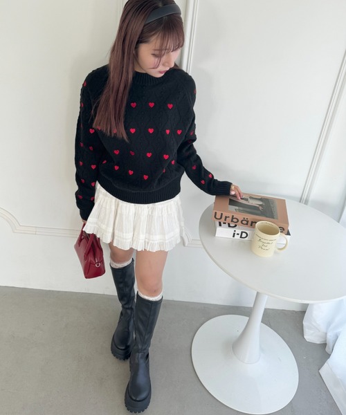 Loueme ニット セーター ハート刺繍ケーブルニットトップス