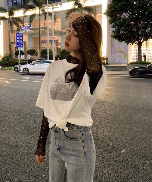 tシャツ ドットプリント フリルロンT/シアートップス レディース
