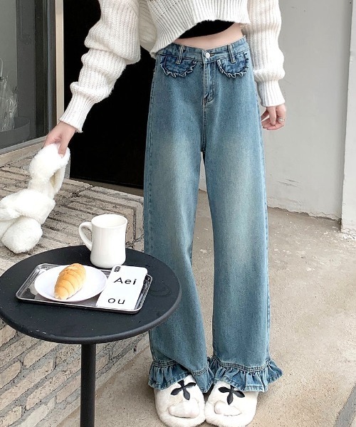 パンツ デニム ジーンズ 裾フリルデニムパンツ レディース : 81747738 