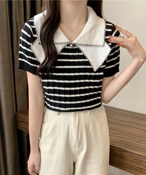 deux amour tシャツ 配色えりピンタックニット半袖プルオーバー