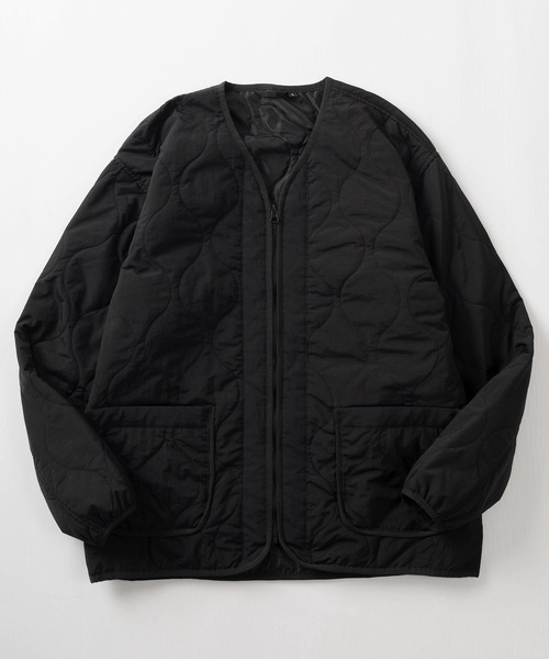 ジャケット ノーカラージャケット ナイロン キルティング Vネック