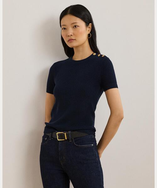 LAUREN RALPH LAUREN / ローレン ラルフ ローレン ボタントリム コットン ショートスリーブ セーター LAUREN RALPH ニット セーター ボタントリム コットン ショート