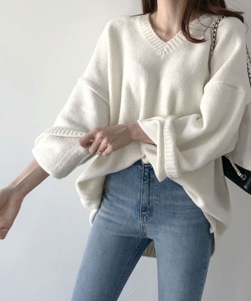 ounce 韓国　レディース　ニット 2ly2 ニット セーター 韓国スタイル Vネック オーバーサイズ ゆったり