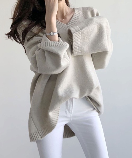 TM：レディース：Lサイズ：Vライン ストレッチ クルーネックセーター：白 TM：レディース：Lサイズ：Vライン ストレッチ クルーネックセーター