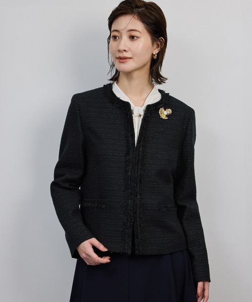 ロペ　カラーミックス　ツイードジャケット　38 ノーカラー　 金ボタン ROPE'（ロペ） ジャケット ノーカラージャケット ミックスツイードノー