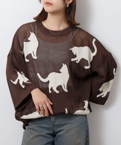 CIAO（チャオ） ニット セーター 歩くネコ シアーニット 半袖