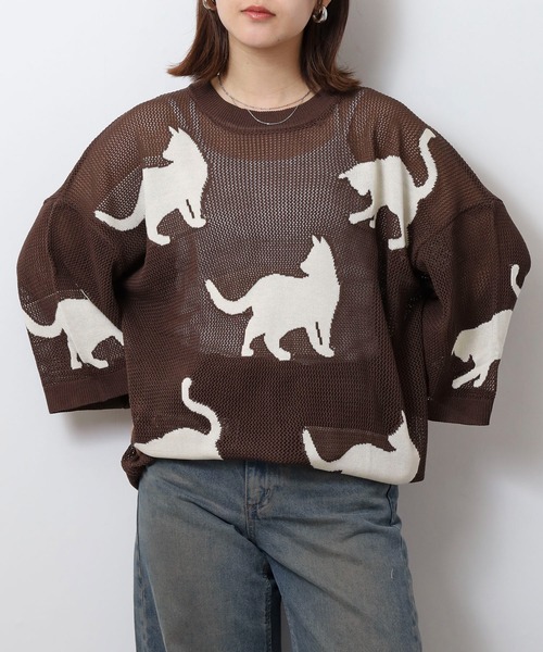 CIAO（チャオ） ニット セーター 歩くネコ シアーニット 半袖