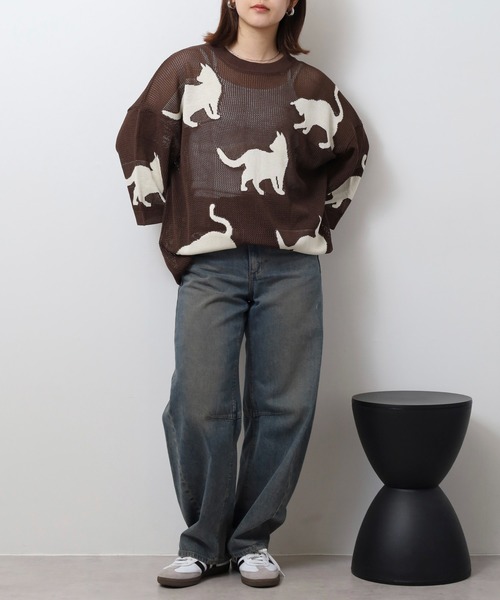 CIAO（チャオ） ニット セーター 歩くネコ シアーニット 半袖