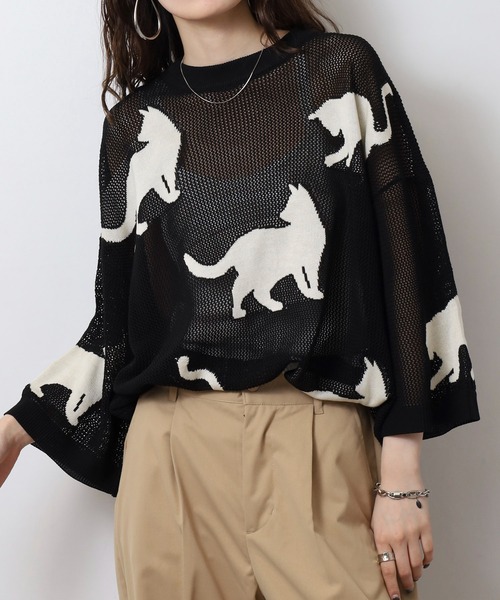 CIAO（チャオ） ニット セーター 歩くネコ シアーニット 半袖