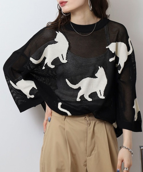 CIAO（チャオ） ニット セーター 歩くネコ シアーニット 半袖