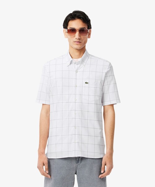 【ホワイト】2WAYストレッチ ウインドウペンチェックボタンダウンシャツ LACOSTE｜2WAYストレッチ ウインドウペンチェックボタンダウンシャツ