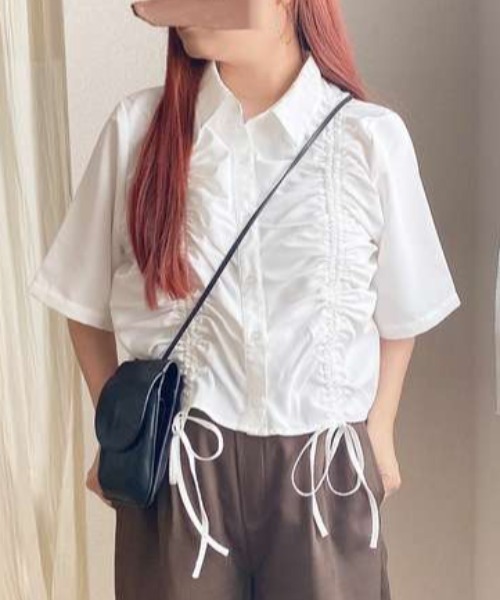 ブラウス シャツ ワンポイントドロストショートシャツ レディース Lace Ladies ブラウス シャツ 立ち襟 レース 長袖 レディース