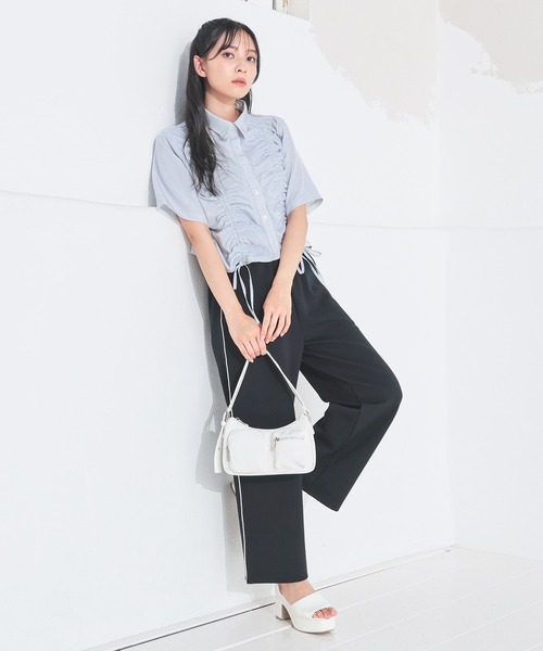 ブラウス シャツ ドライタッチトロ ショートシャツ レディース Honeys ブラウス シャツ ドロストショート丈シャツ レディース