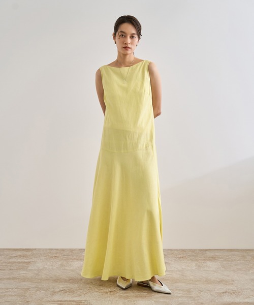 美品◇LRBECO◇リネンワンピース◇ベージュイエロー◇ ROPE' ワンピース レーヨンリネン スラッシュドネックワンピース