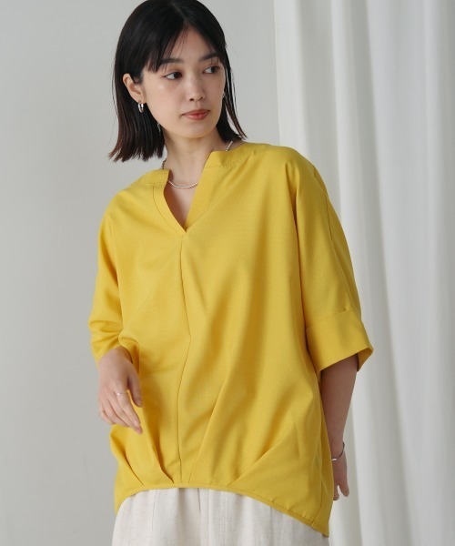 Bou Jeloud ブラウス シャツ 麻ライクキーネックタックスリーブ