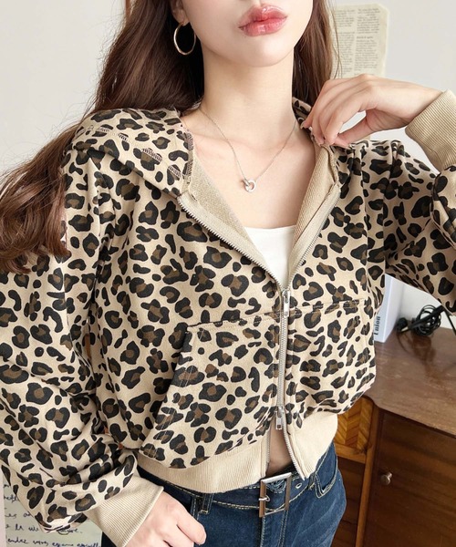 moment+ パーカー ダブルジップレオパードショートパーカー(レオパード