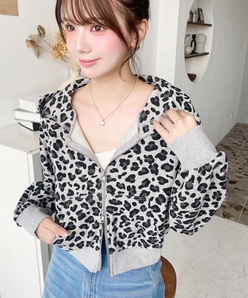 moment+ パーカー ダブルジップレオパードショートパーカー(レオパード