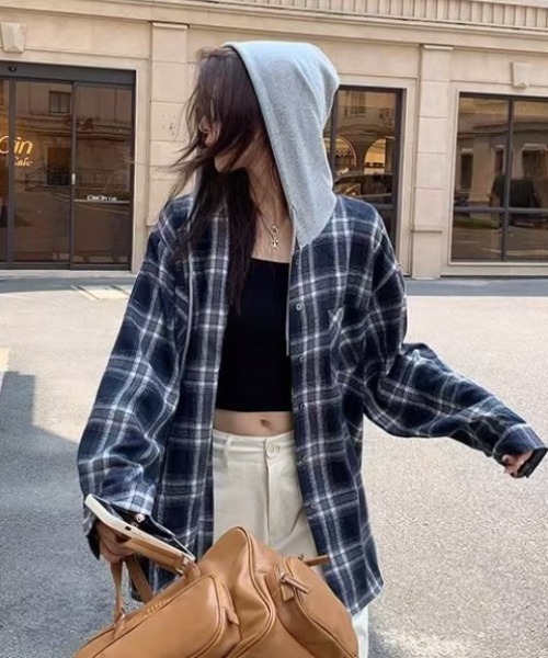 レディース Knuth Marf オーバー フーディシャツ (チェックブラック) /26SS
