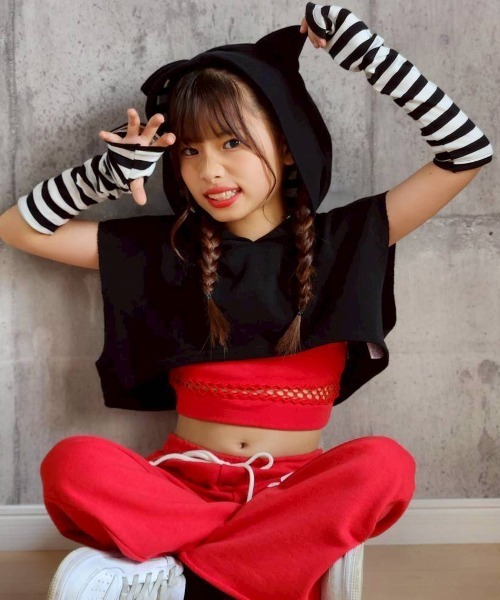 MAD PUNKS ねこみみフード付きパーカー 黒/赤 RandS パーカー BDアームカバー付ネコ耳ノースリPK キッズ 子供服