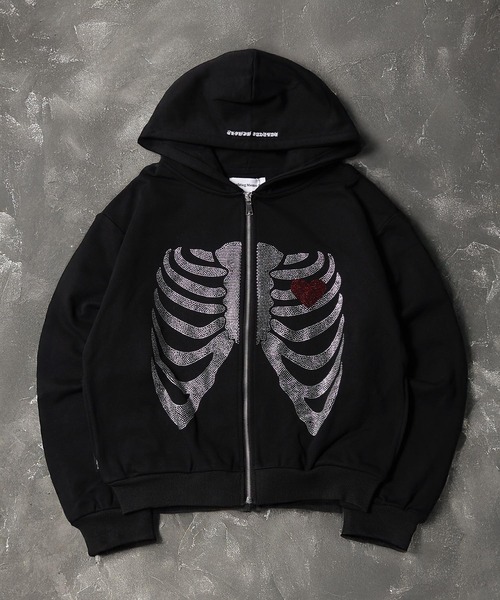 MEMORY パーカー 「MEMORY」ヘビーウェイト ボーン柄 ラインストーン