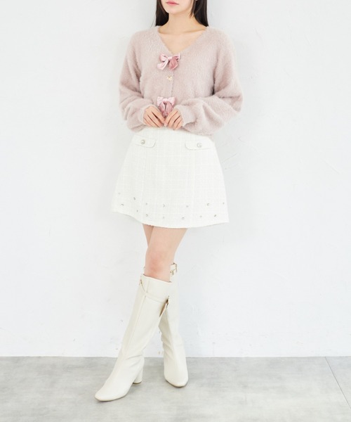 Suyunn カーディガン ベロアリボン付きハート釦シャギーニット