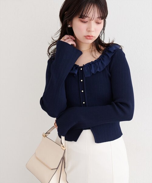 natural couture ニット セーター 異素材フリルニット レディース