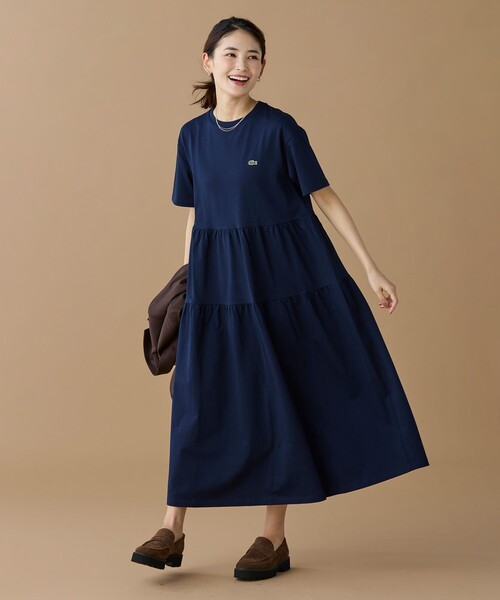 「LACOSTE」 半袖ワンピース 40 ベージュ レディースの画像