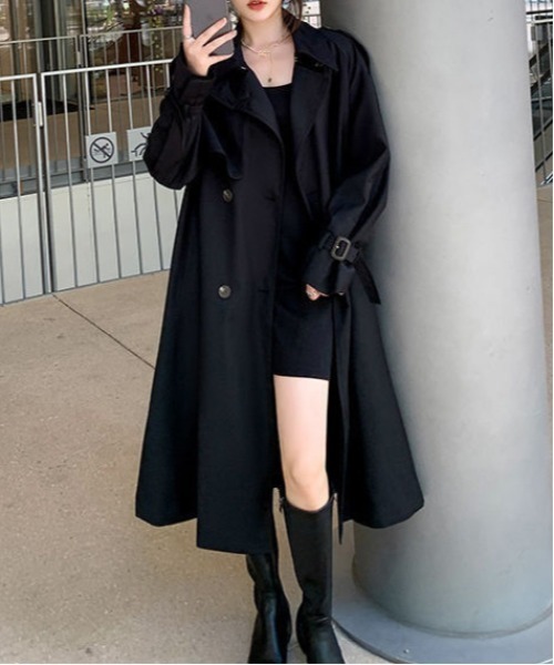 美品☆モガ　トレンチコート　ロング丈　ウエストベルト　近年モデル　ブラック 美品☆モガ トレンチコート ロング丈 ウエストベルト 近年モデル