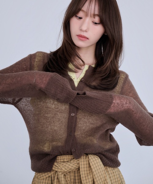 カーディガン 「2点SET」モヘア透かし編みカーディガン/ベスト 