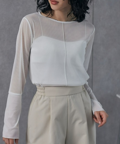 RANAN tシャツ シアーボーダー袖切替ロンT レディース