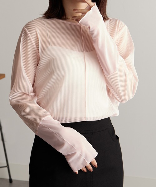 RANAN tシャツ シアーボーダー袖切替ロンT レディース