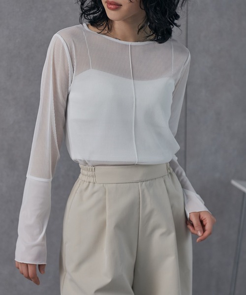RANAN tシャツ シアーボーダー袖切替ロンT レディース