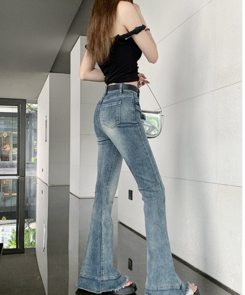 フレアカット デニムパンツ XS〜XL ウォッシュド ジーンズ デニム デニムパンツ カットオフ フレアデニム