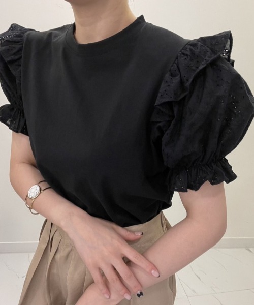 tシャツ ショルダーフリルレースパワショルダートップス レディース