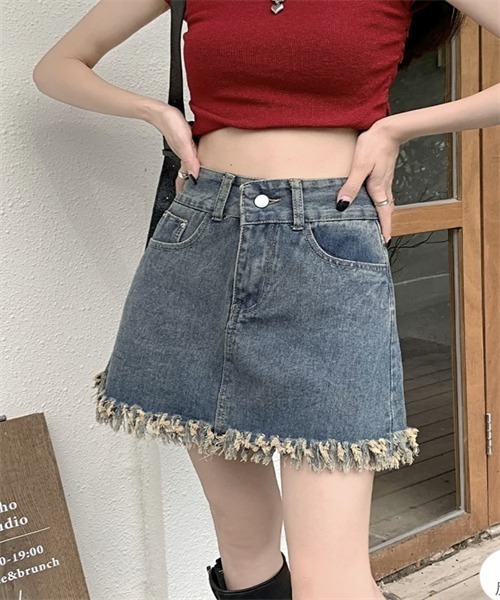 FREE STYLISTS デニムスカート 裾フリンジミニデニムスカート
