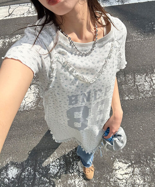 CIAOPANIC ワンピース Tee付きフラワーワッフルチュニックキャミ