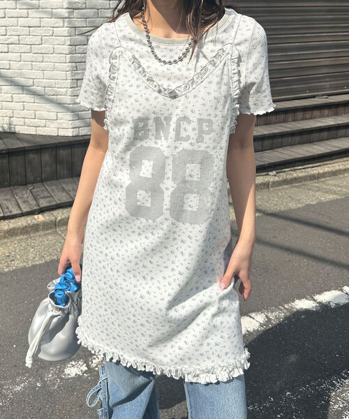 CIAOPANIC ワンピース Tee付きフラワーワッフルチュニックキャミ