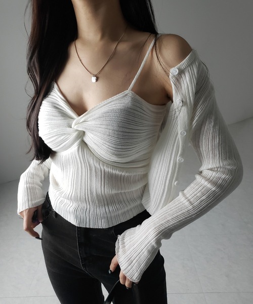 アンサンブル 「 2点セット 」ツイストリブニットキャミソール ＋シアーリブショートカーディガン SET ／ twisted rib knit cam 2点セット 】ツイストリブニットキャミソール ＋シアーリブ