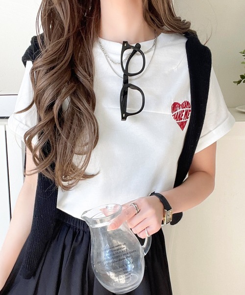 tシャツ ハート刺繍タックスリーブTシャツ レディース classicalelf tシャツ 大人のこなれたシンプルスタイル。タック