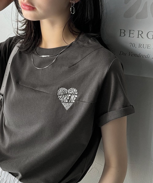 tシャツ ハート刺繍タックスリーブTシャツ レディース classicalelf tシャツ 大人のこなれたシンプルスタイル。タック