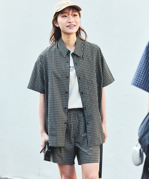 フリースティッチ　バンドカラーチェックシャツ
犬服　チェック柄 FREAK'S STORE/リラックスフィット ブリーチ加工 オープンカラー
